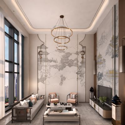 新中式别墅挑空客厅