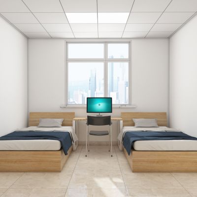 现代职员宿舍，宿舍，休息室，单人床，衣柜，茶水柜，电视，员工宿舍