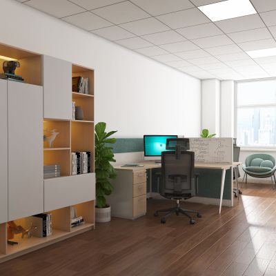 现代办公室，工作区，办公区，职员桌，办公桌，办公椅，屏风工位，工位，屏风，L型屏风，衣柜，饰品，摆件，休闲椅，洽谈椅，圆几3D模型