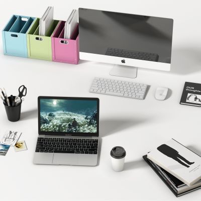 现代办公用品组合，电脑，桌面摆件，书，花，笔筒，剪刀，花，笔记本，台式电脑，笔筒，咖啡