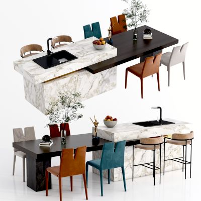 现代餐桌椅组合，中岛台，中岛，餐桌，餐椅，摆件，中岛餐桌，异形餐桌，布椅