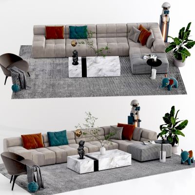 现代沙发茶几组合，多人沙发，单人沙发，休闲椅，转角沙发，盆栽，地毯，摆件，茶几，雕塑，抱枕，沙发凳