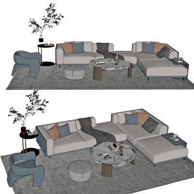 现代沙发茶几组合，多人沙发，单人沙发，休闲椅，转角沙发，盆栽，地毯，摆件，茶几，雕塑，抱枕，沙发凳