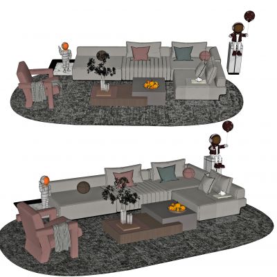 现代沙发茶几组合，多人沙发，单人沙发，休闲椅，转角沙发，盆栽，地毯，摆件，茶几，雕塑，抱枕，沙发凳