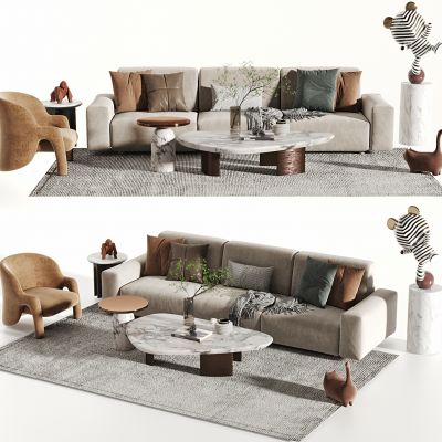现代沙发茶几组合，多人沙发，休闲沙发，茶几，三人沙发，雕塑，地毯，摆件，组合沙发，长茶几，布艺多人沙发
