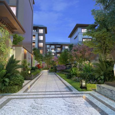 新中式园区夜景景观园林中轴 