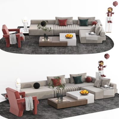 现代沙发茶几组合，多人沙发，单人沙发，休闲椅，转角沙发，盆栽，地毯，摆件，茶几，雕塑，抱枕，沙发凳