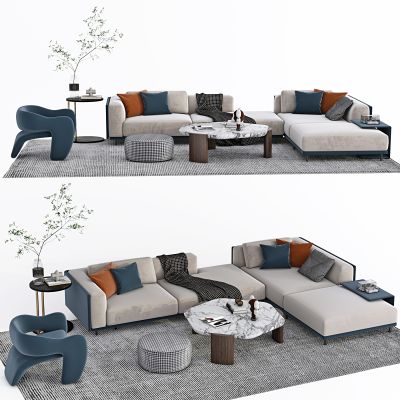 现代沙发茶几组合，多人沙发，单人沙发，休闲椅，转角沙发，盆栽，地毯，摆件，茶几，雕塑，抱枕，沙发凳