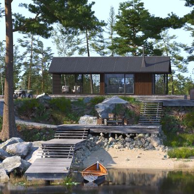 现代水景别墅室外全模渲染