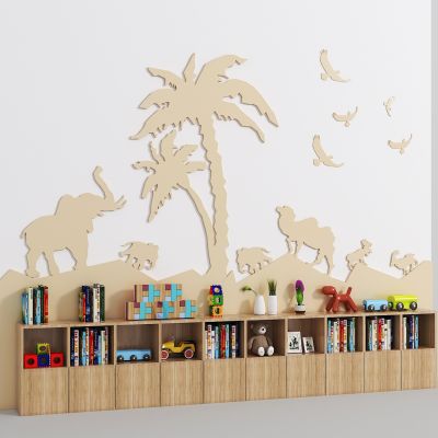 儿童玩具书柜及动物墙贴