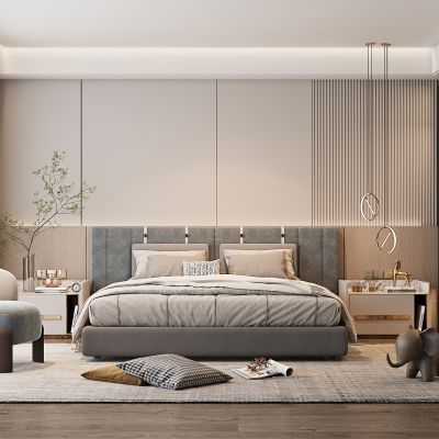 现代家居卧室，卧室，主卧，次卧，双人床，床头柜，休闲椅，抱枕，衣柜，摆件，窗帘，吊灯，装饰品，沙发凳，抱枕，背景墙，装饰柜，花，花瓶，地毯，洽谈椅