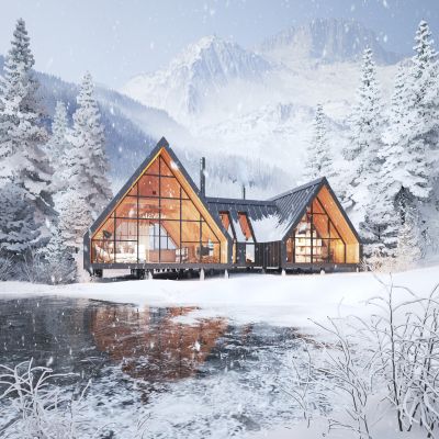 现代雪景山林别墅室外全模渲染