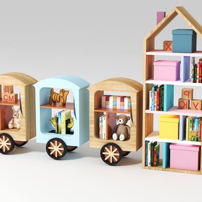 儿童火车玩具柜，玩具车，书，熊