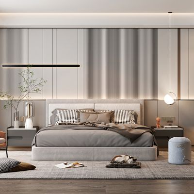 现代家居卧室，卧室，双人床，床头柜，休闲椅，抱枕，衣柜，摆件，沙发凳，猫，毯子，被褥，凳，床头柜，壁灯，吊灯，花，花瓶，饰品，摆件，装饰品，装饰柜，背景墙，墙饰，窗帘，书，主卧，次卧，地毯，洽谈椅