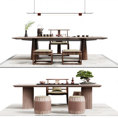 新中式茶桌椅组合  凳子  茶具  茶壶  单椅  地毯