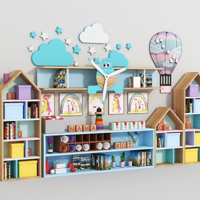 儿童玩具书柜，墙画