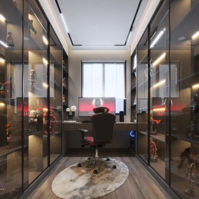 现代电竞书房，电竞电脑，手办展示柜，手办