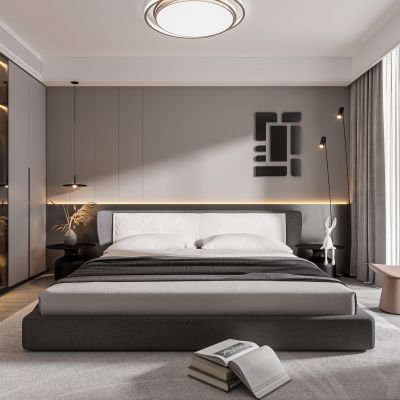  现代主卧室 轻奢卧室 双人床 饰品 休闲椅 床头吊灯 造型吸顶灯 衣柜