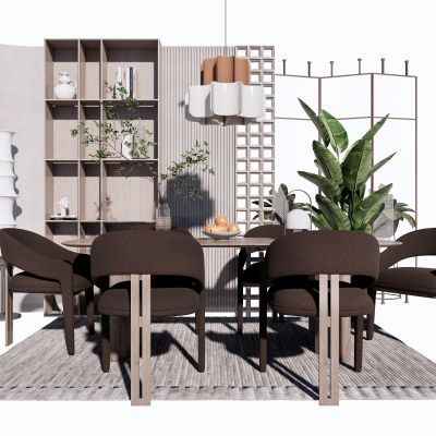 现代餐桌椅组合景墙屏风摆件吊灯SU模型