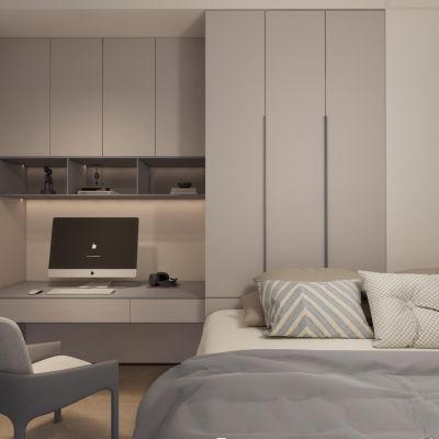  现代侘寂奶油风男孩房榻榻米卧室