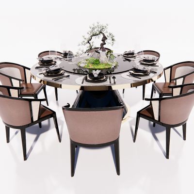 新中式餐桌椅组合餐具椅子景观小品高脚杯碟子SU模型