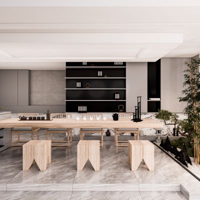 新中式茶室茶几背景墙枯山水景观小品su模型