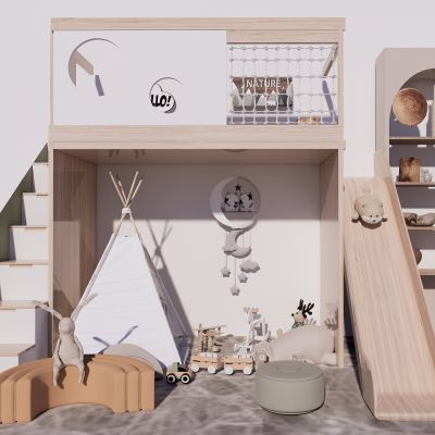 现代简约儿童床儿童帐篷摆件滑梯SU模型