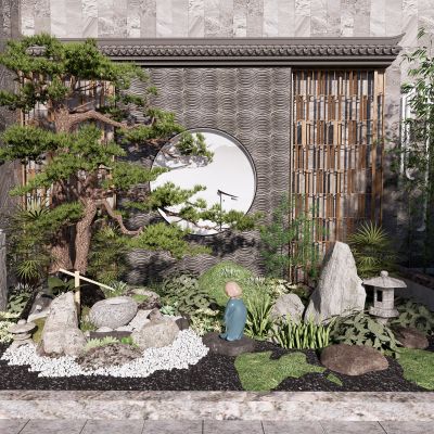 新中式景观小品庭院景观枯山水松树水景石头景墙SU模型