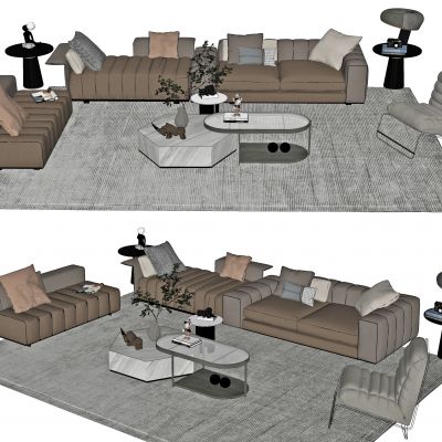 现代沙发茶几组合，多人沙发，休闲沙发，茶几，转角沙发，休闲椅，地毯，摆件，组合沙发，长茶几，布艺多人沙发