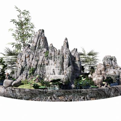 新中式假山石头水景庭院景观小品叠石荷花竹子SU模型