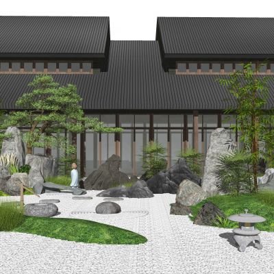 新中式景观小品假山石头枯山水庭院景观水景松树植物SU模型