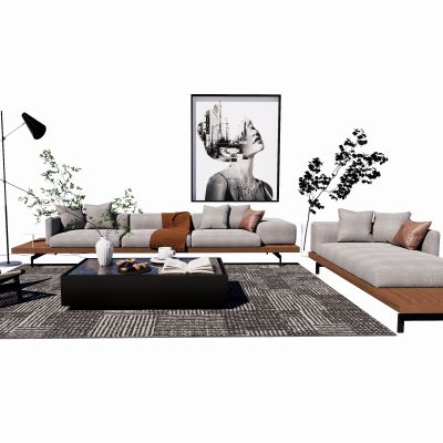 现代沙发茶几组合多人沙发落地灯装饰摆件SU模型