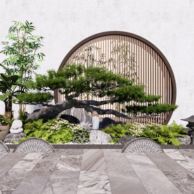 新中式景观小品庭院景观松树石头片石假山su模型