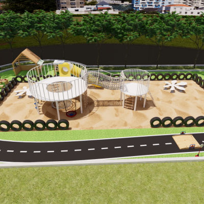 幼儿园户外，儿童游乐设施，儿童滑梯，户外景观，儿童车道，沙池3D模型