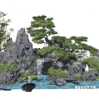 新中式假山石头景观小品水景叠石植物松树SU模型