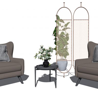 现代休闲沙发茶几组合单人沙发屏风隔断盆栽SU模型