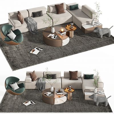 现代沙发茶几组合，多人沙发，休闲沙发，茶几，转角沙发，休闲椅，地毯，摆件，组合沙发，长茶几，布艺多人沙发