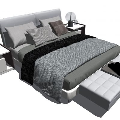 现代双人床床头柜床头灯SU模型