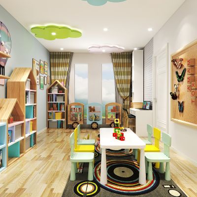 儿童房活动室,玩具桌，玩具车，积木，玩具玩偶，木马，玩具柜，墙贴