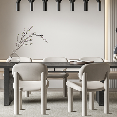 现代餐厅SU，现代餐桌椅组合，吊灯，工艺品摆件