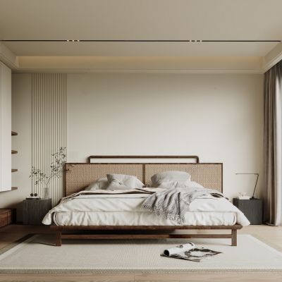 侘寂风卧室SU,双人床，休闲椅，落地灯，梳妆台