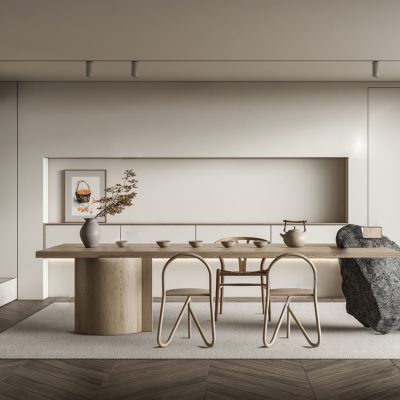 日式茶室SU，日式茶桌椅组合