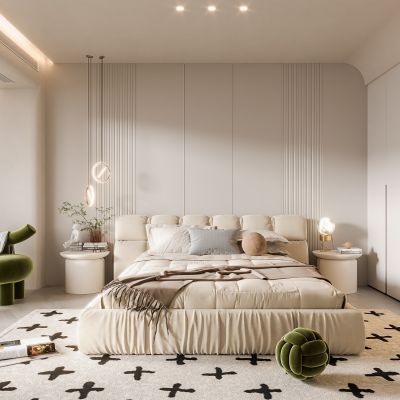  现代卧室 奶油风卧室 双人床 饰品 休闲椅 床头吊灯 弧形吊顶 衣柜