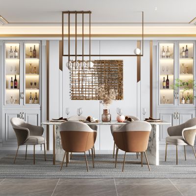 简欧餐厅，餐厅背景，酒柜，餐桌椅，吊灯，壁灯