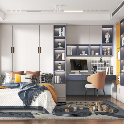 现代男孩房,双人床，书柜，书桌椅，衣柜，工艺品摆件，玩具