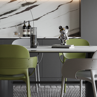 现代餐厅SU，现代餐桌椅组合，橱柜