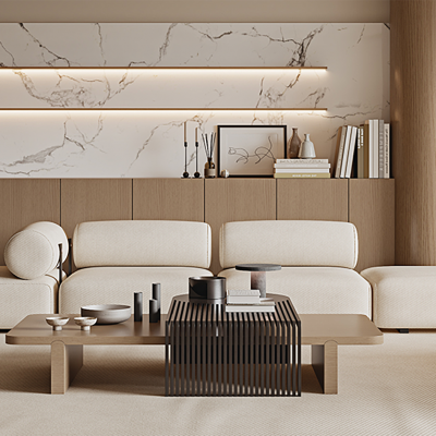 现代客厅SU，现代沙发茶几组合，工艺品摆件，落地灯