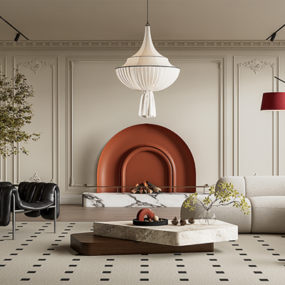 法式客厅SU，沙发茶几组合，落地灯，吊灯