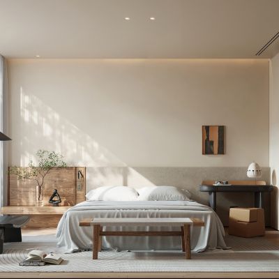 侘寂风卧室SU,双人床，休闲椅，落地灯，梳妆台