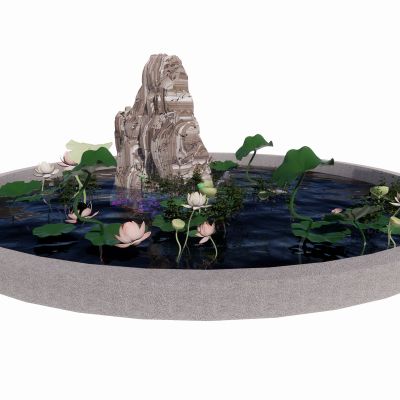 新中式景观小品假山石头荷花植物SU模型